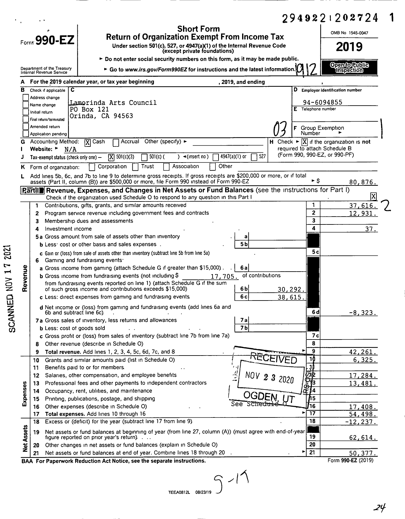 Image of first page of 2019 Form 990EZ for Lamorinda Arts Council