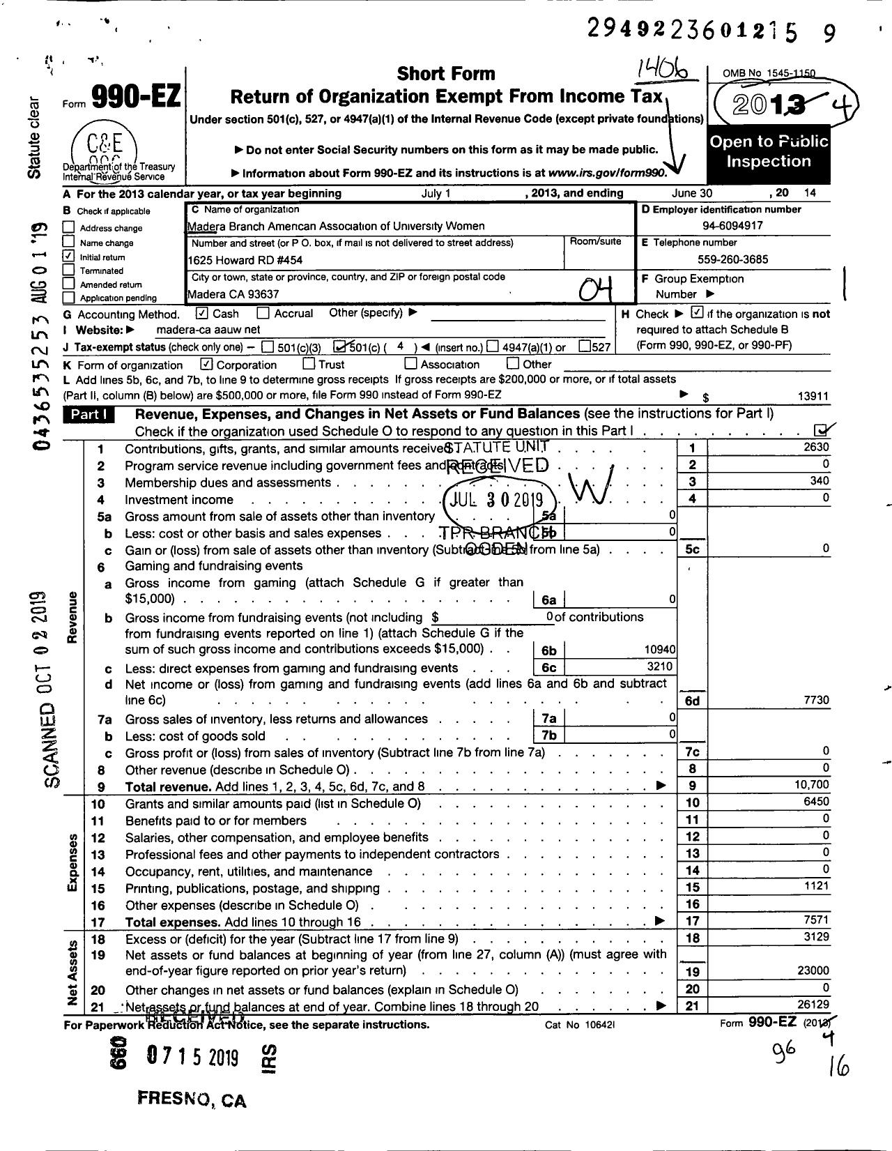 Image of first page of 2013 Form 990EO for Madera Branch American Association of University Women