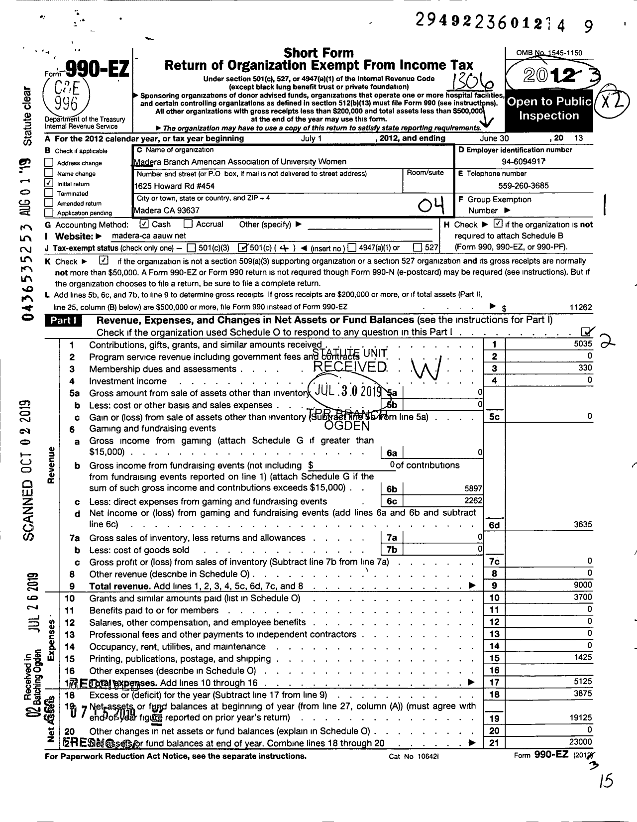 Image of first page of 2012 Form 990EO for Madera Branch American Association of University Women