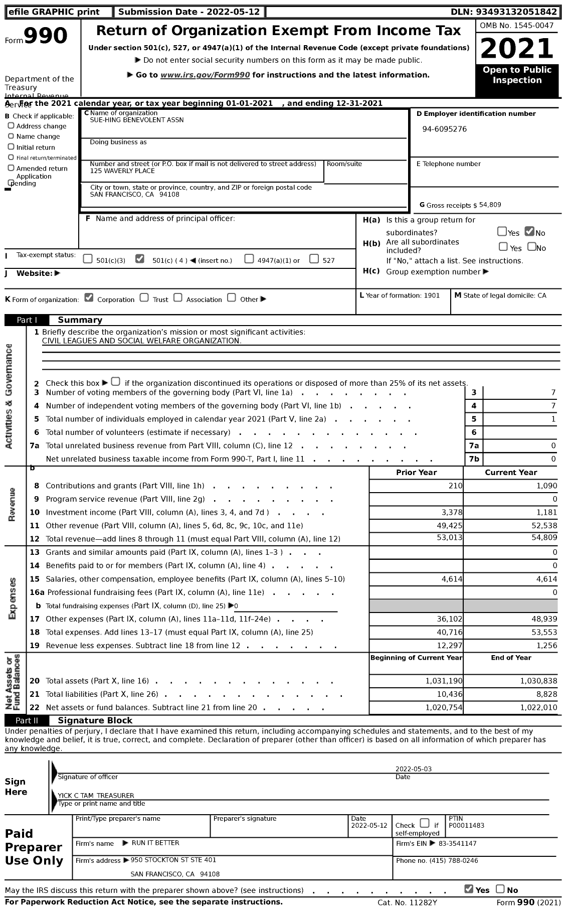 Image of first page of 2021 Form 990 for Sue-Hing Benevolent Association