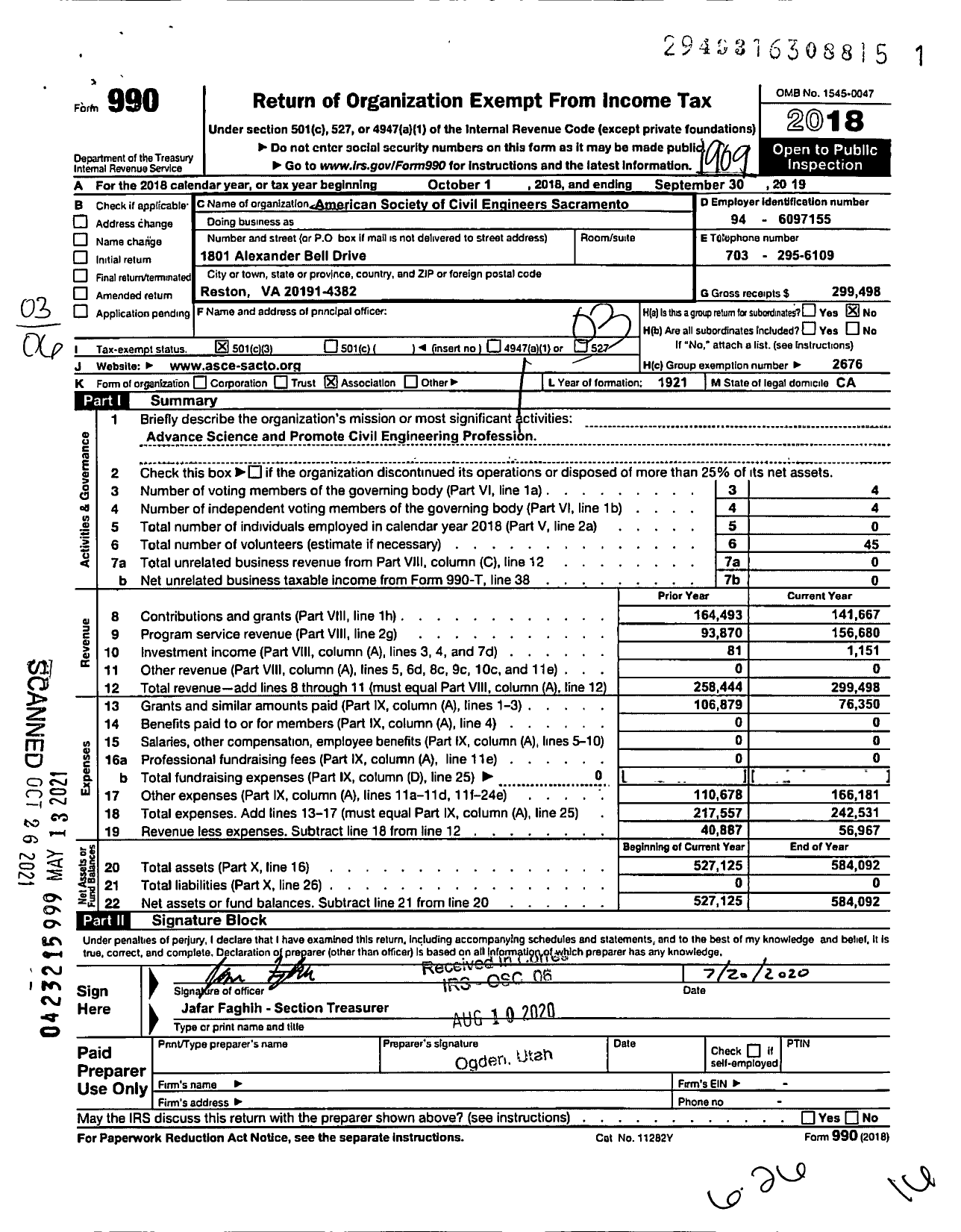 Image of first page of 2018 Form 990 for AMERICAN SOCIETY OF CIVIL ENGINEERS Sacramento Section