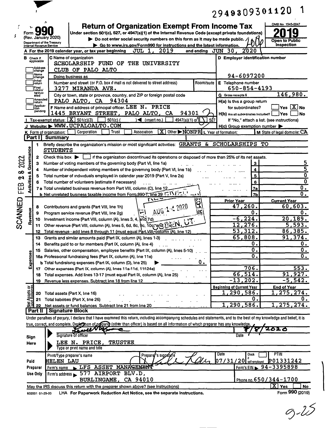 Image of first page of 2019 Form 990 for Scholarship Fund of the University Club of Palo Alto