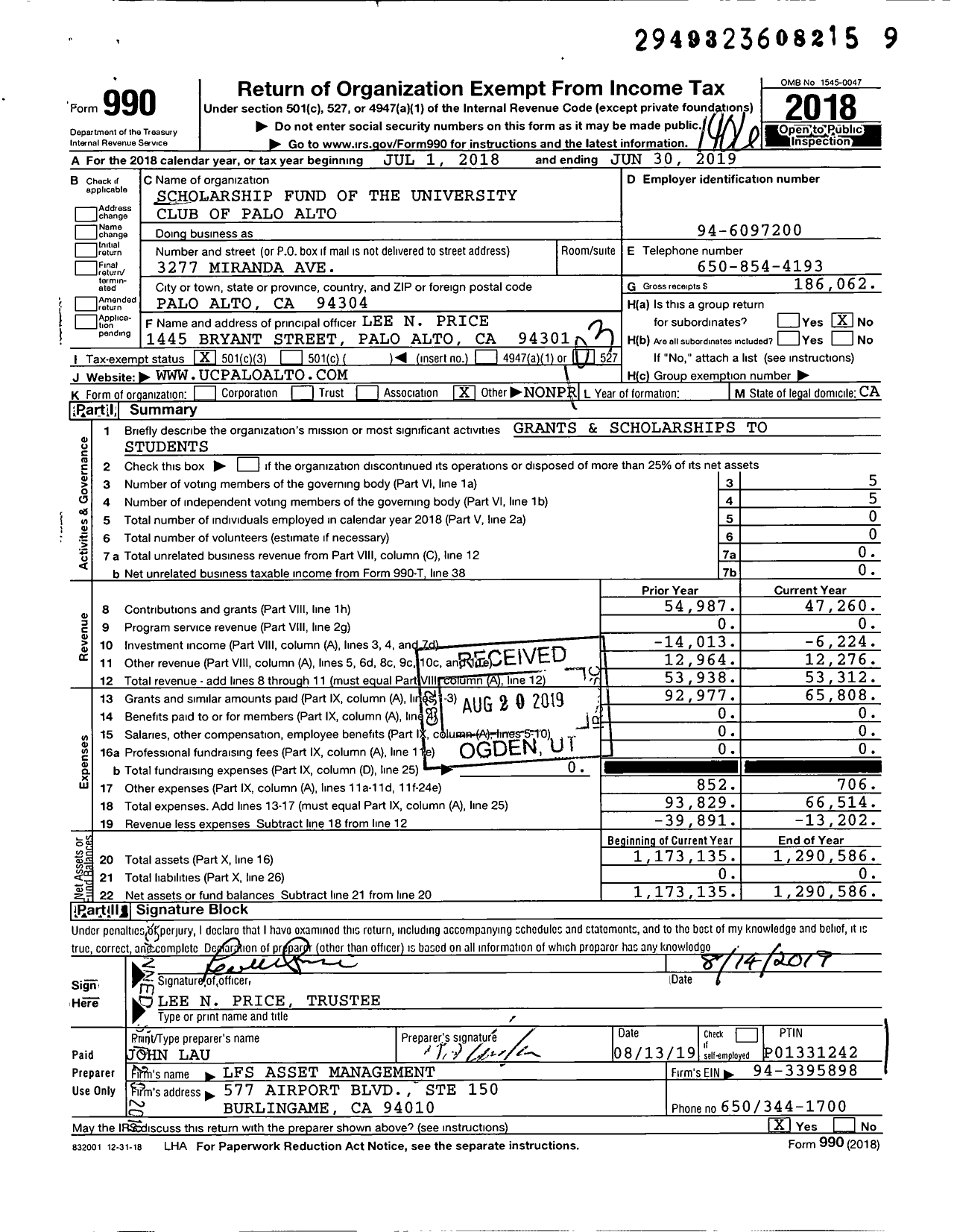 Image of first page of 2018 Form 990 for Scholarship Fund of the University Club of Palo Alto