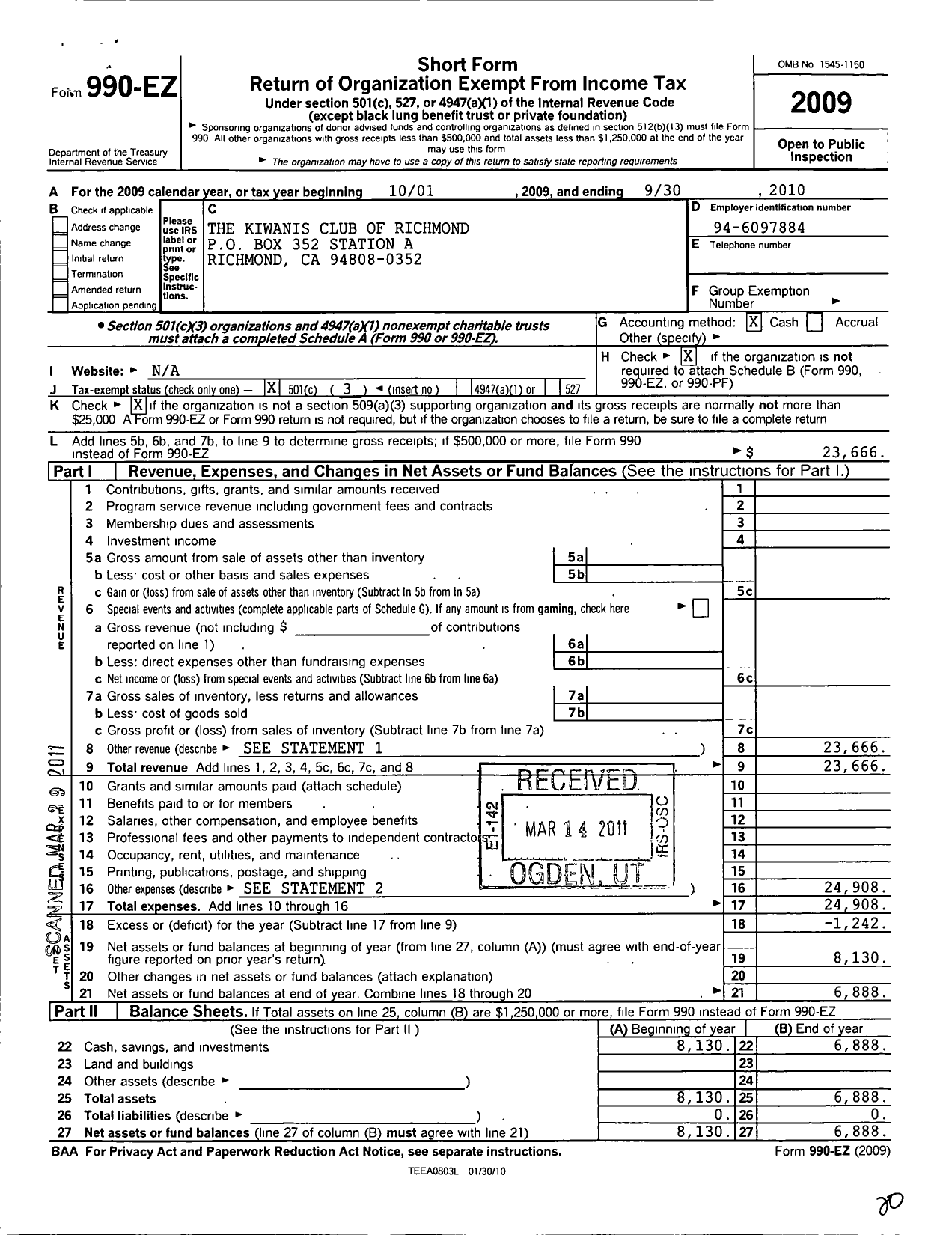 Image of first page of 2009 Form 990EZ for Kiwanis Club of Richmond