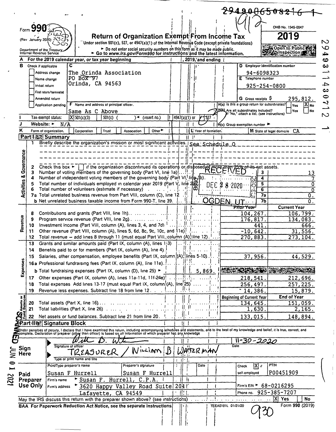 Image of first page of 2019 Form 990 for The Orinda Association