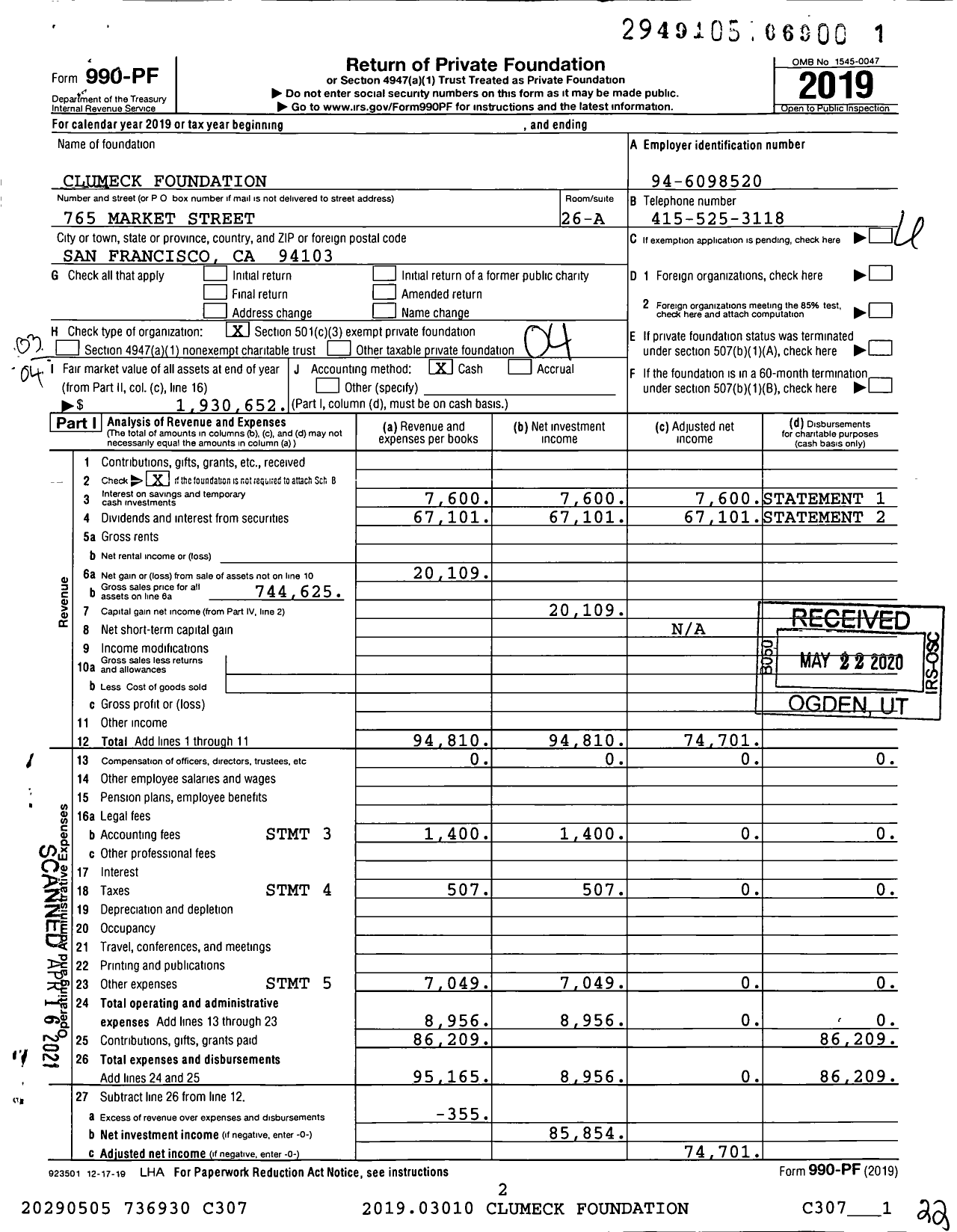 Image of first page of 2019 Form 990PF for Clumeck Foundation