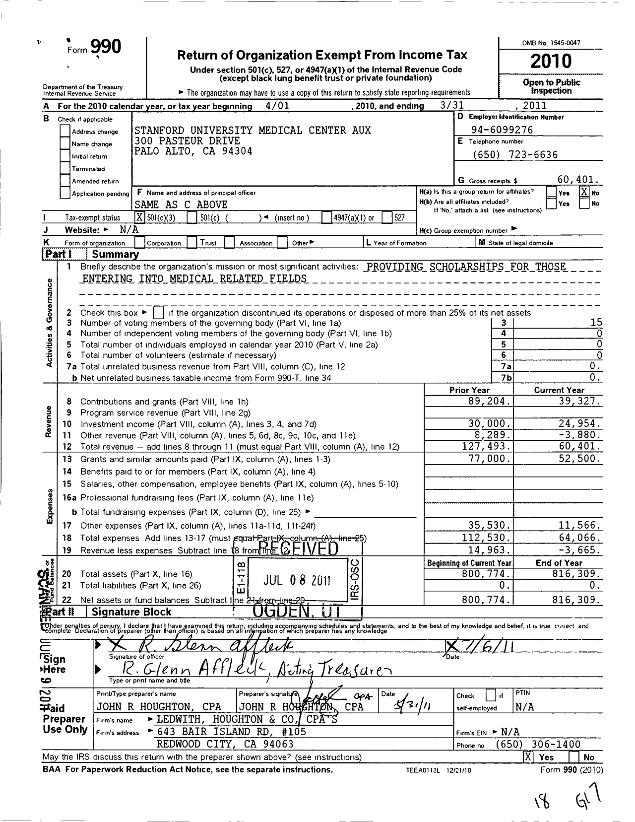 Image of first page of 2010 Form 990 for Stanford University Medical Center Auxiliary