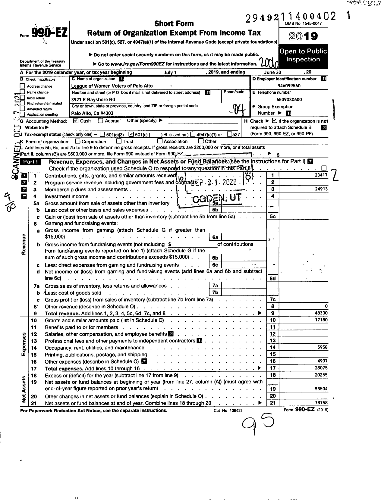 Image of first page of 2019 Form 990EO for League of Women Voters of Palo Alto