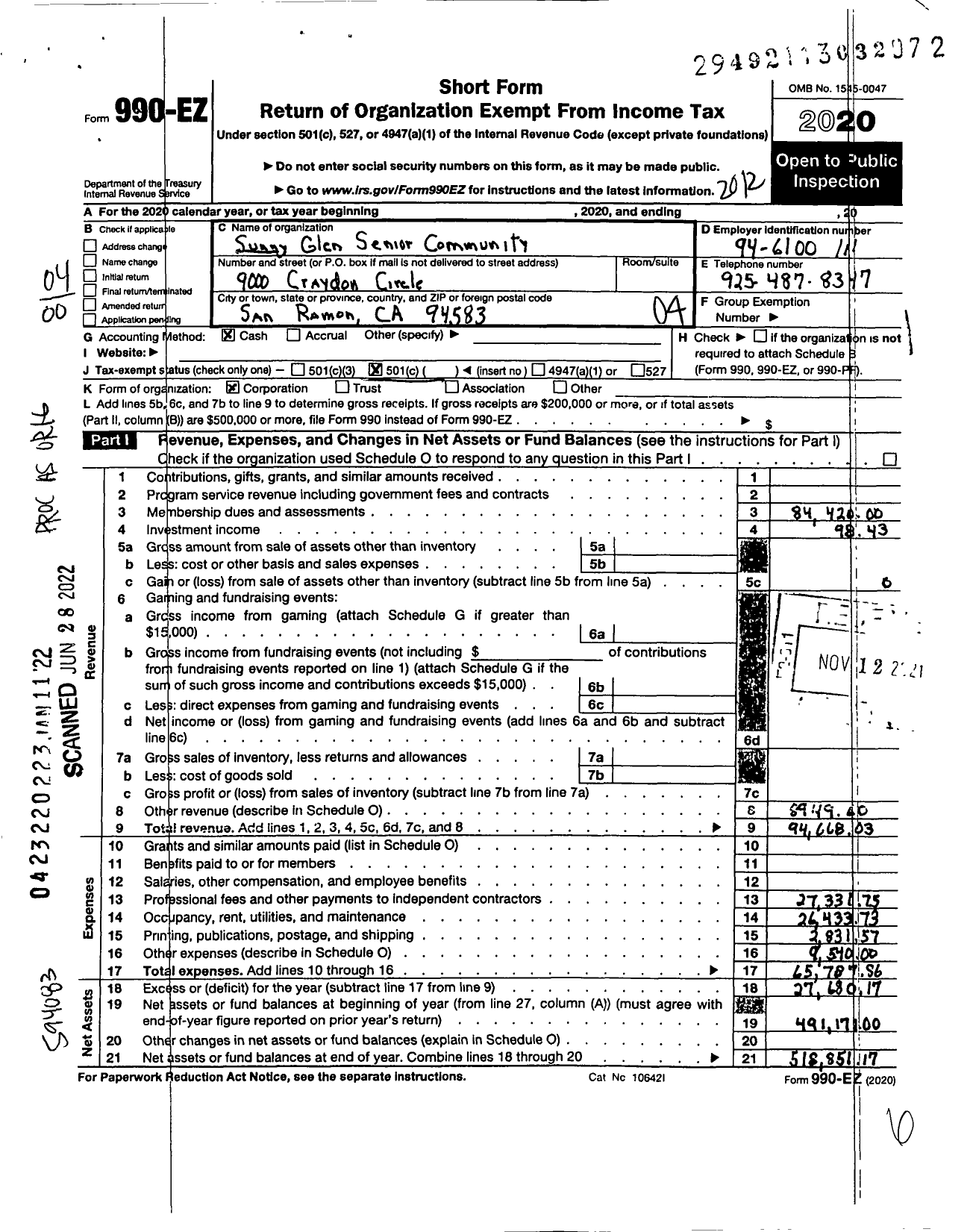 Image of first page of 2020 Form 990EO for Sunny Glen Senior Community