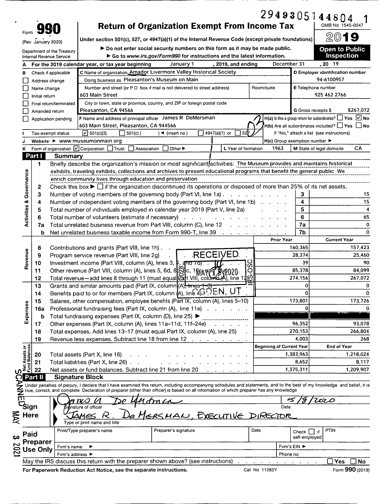 Image of first page of 2019 Form 990 for Pleasantons Museum on Main