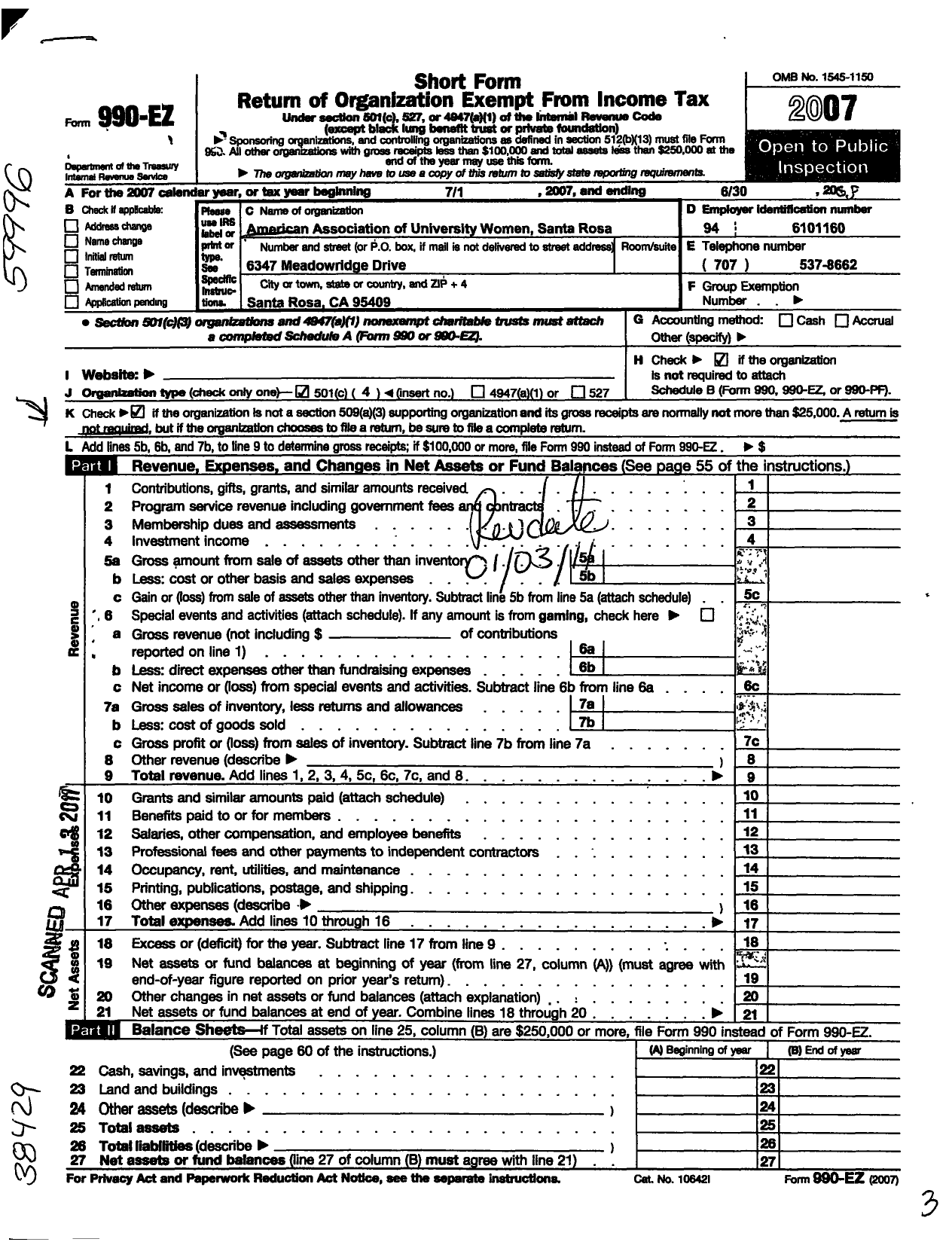 Image of first page of 2007 Form 990EO for American Association of University Women / Santa Rosa