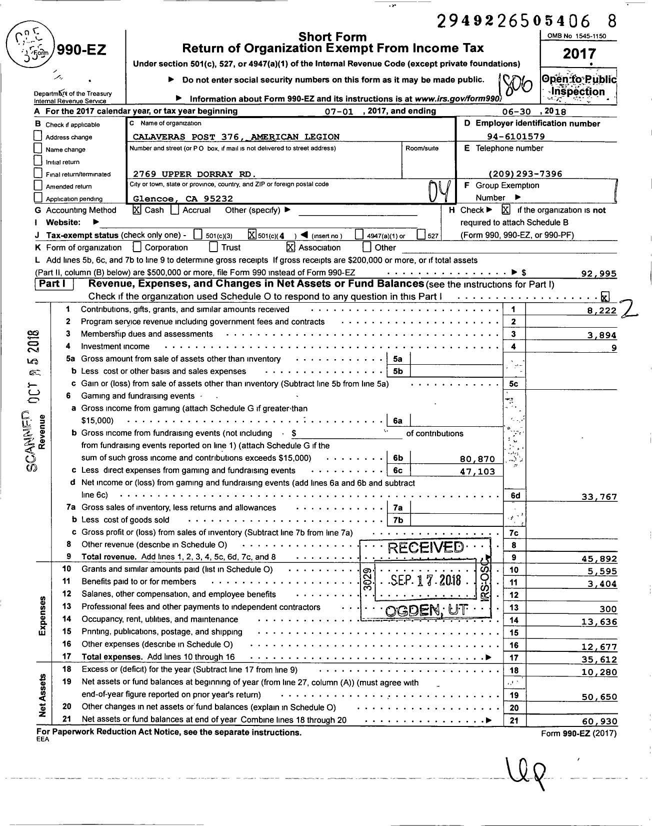 Image of first page of 2017 Form 990EO for American Legion - 0376 Calaveras Post