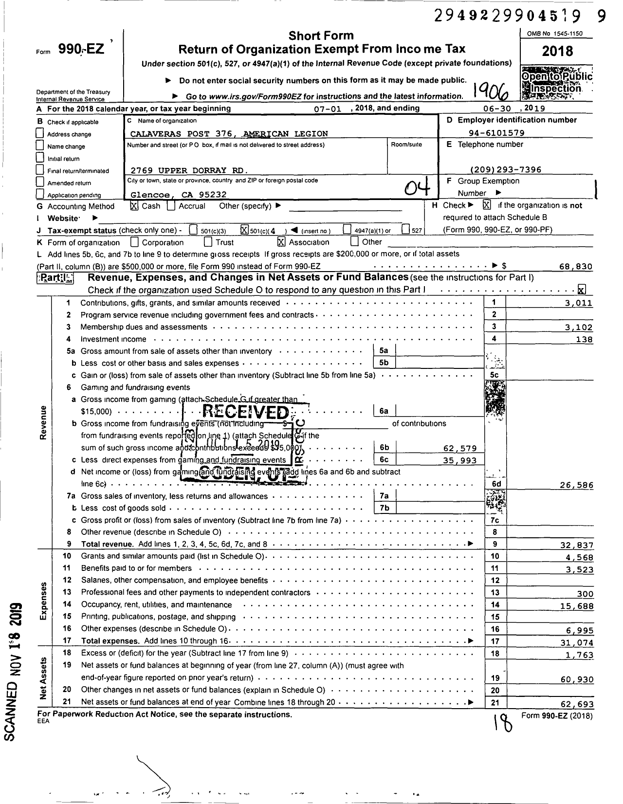 Image of first page of 2018 Form 990EO for American Legion - 0376 Calaveras Post