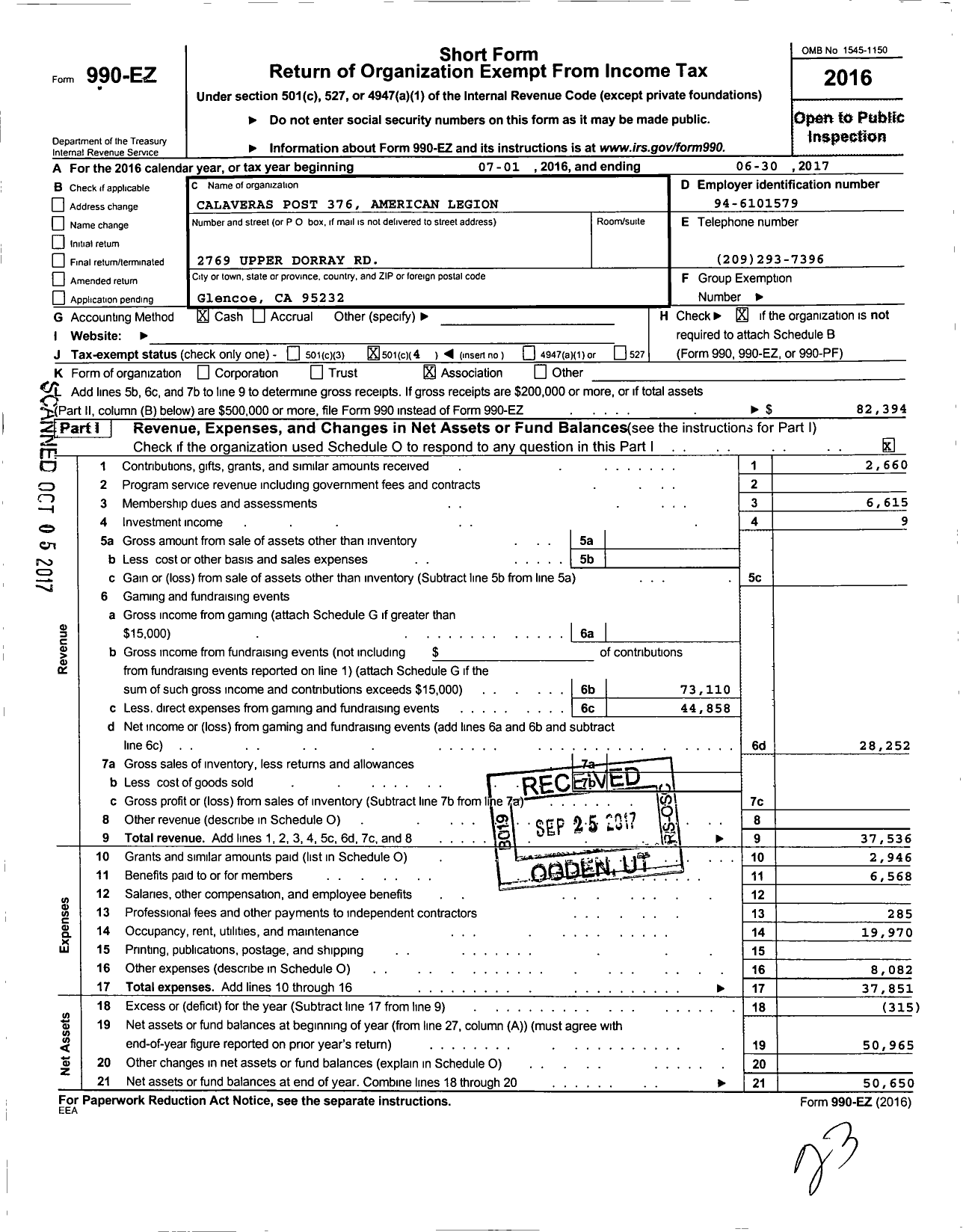 Image of first page of 2016 Form 990EO for American Legion - 0376 Calaveras Post