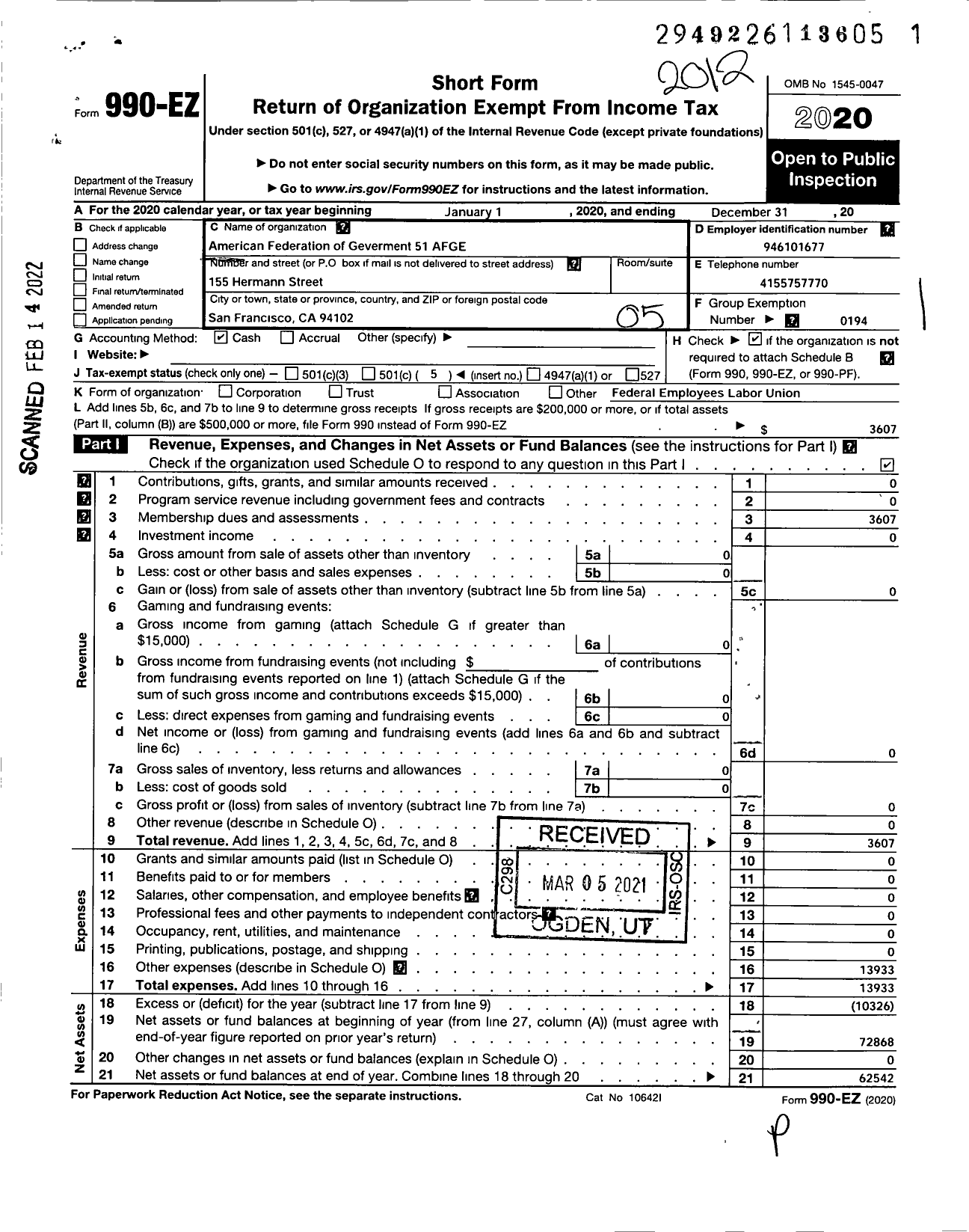 Image of first page of 2020 Form 990EO for American Federation of Government Employees - 051 Local Afge