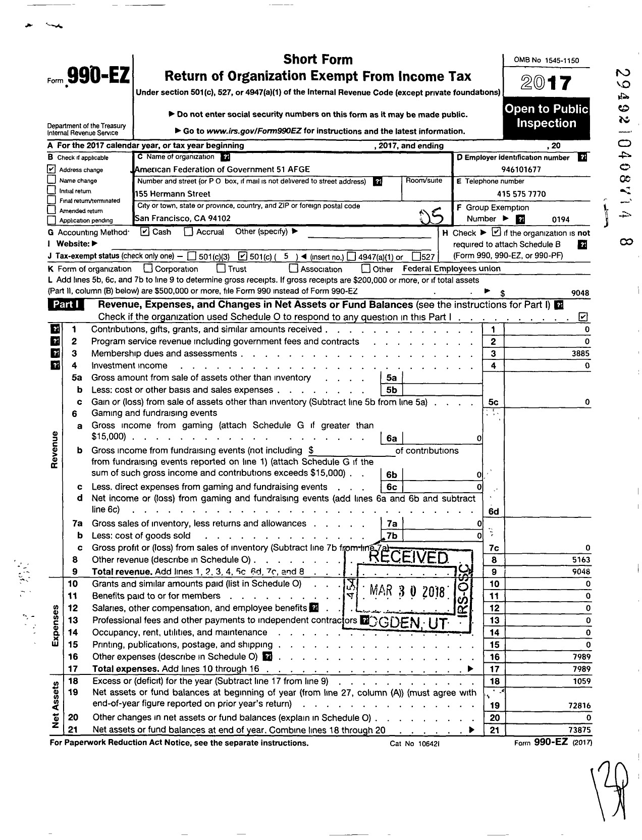 Image of first page of 2017 Form 990EO for American Federation of Government Employees - 051 Local Afge