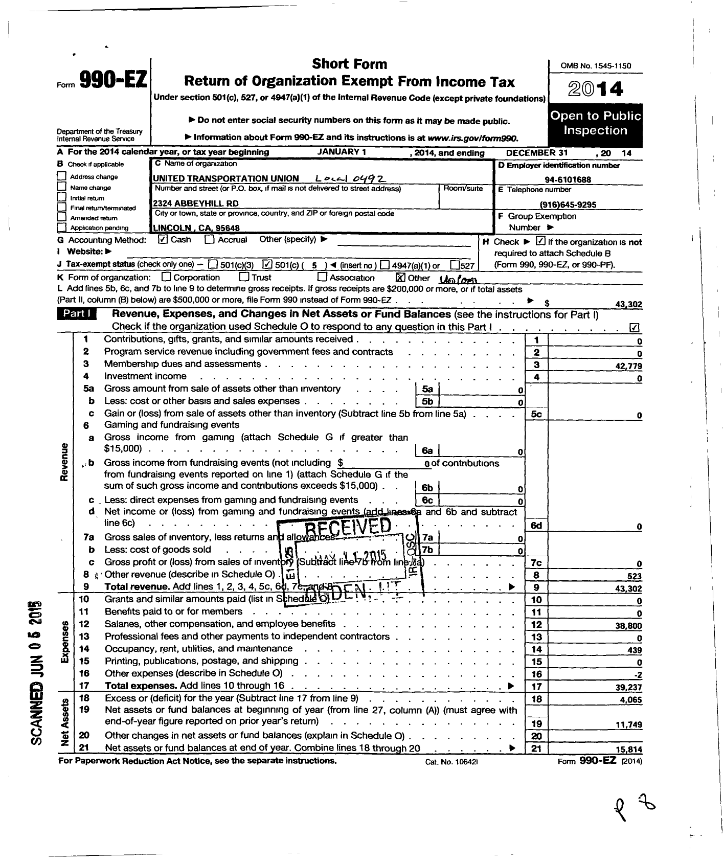 Image of first page of 2014 Form 990EO for Smart Union - 492 TD