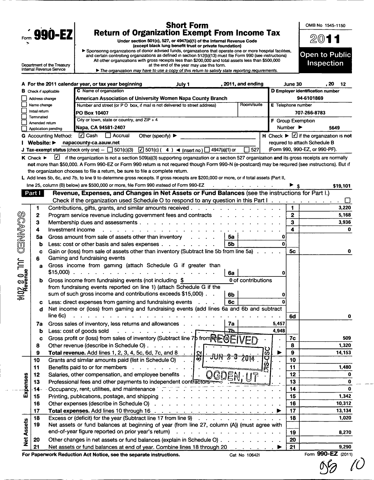 Image of first page of 2011 Form 990EO for American Association of University Women / Napa County