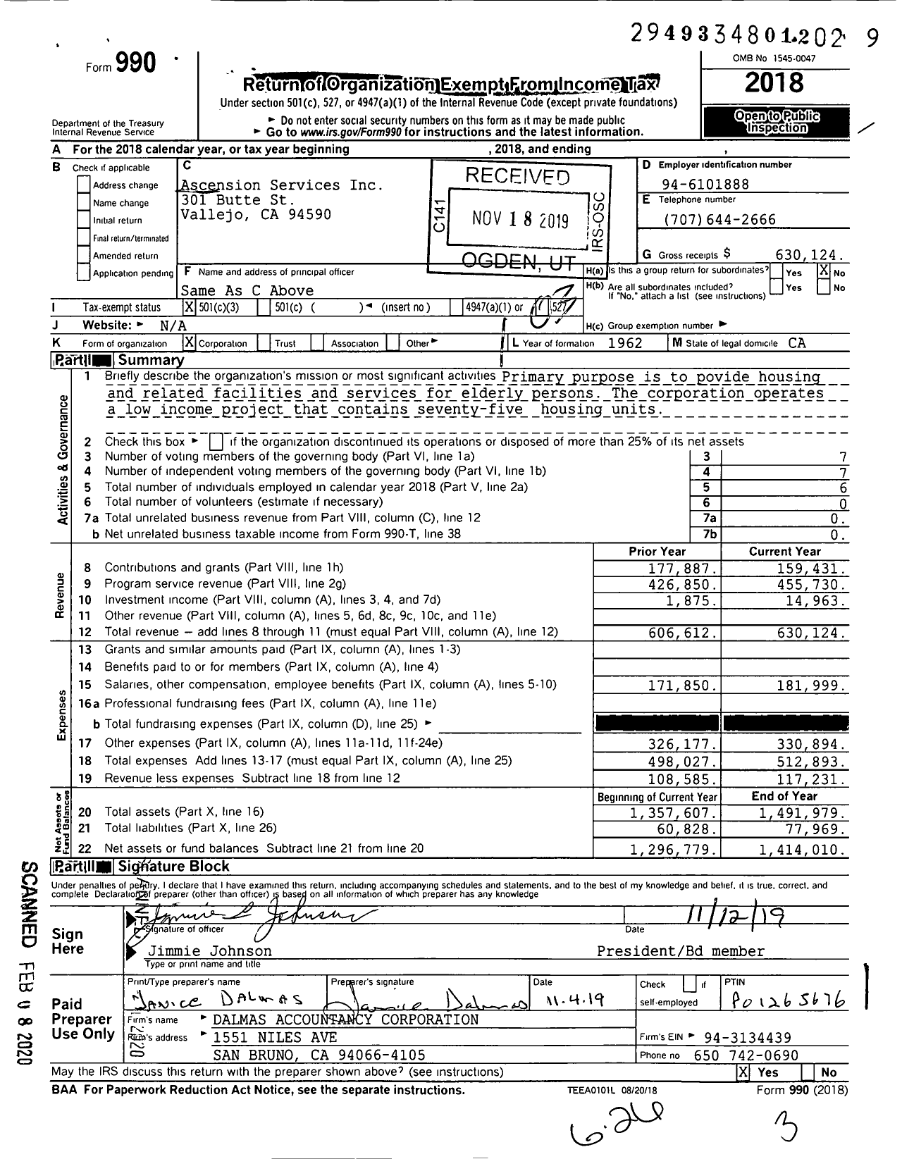 Image of first page of 2018 Form 990 for Ascension Services