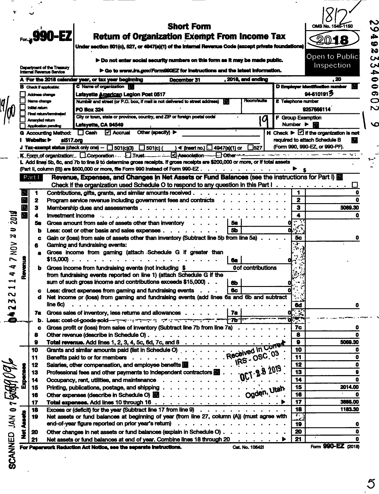 Image of first page of 2018 Form 990EO for American Legion - 0517 of Lafayette