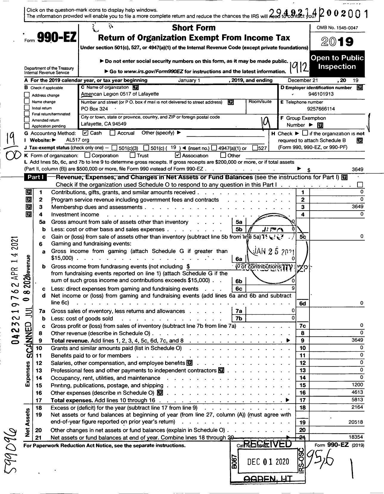 Image of first page of 2019 Form 990EO for American Legion - 0517 of Lafayette