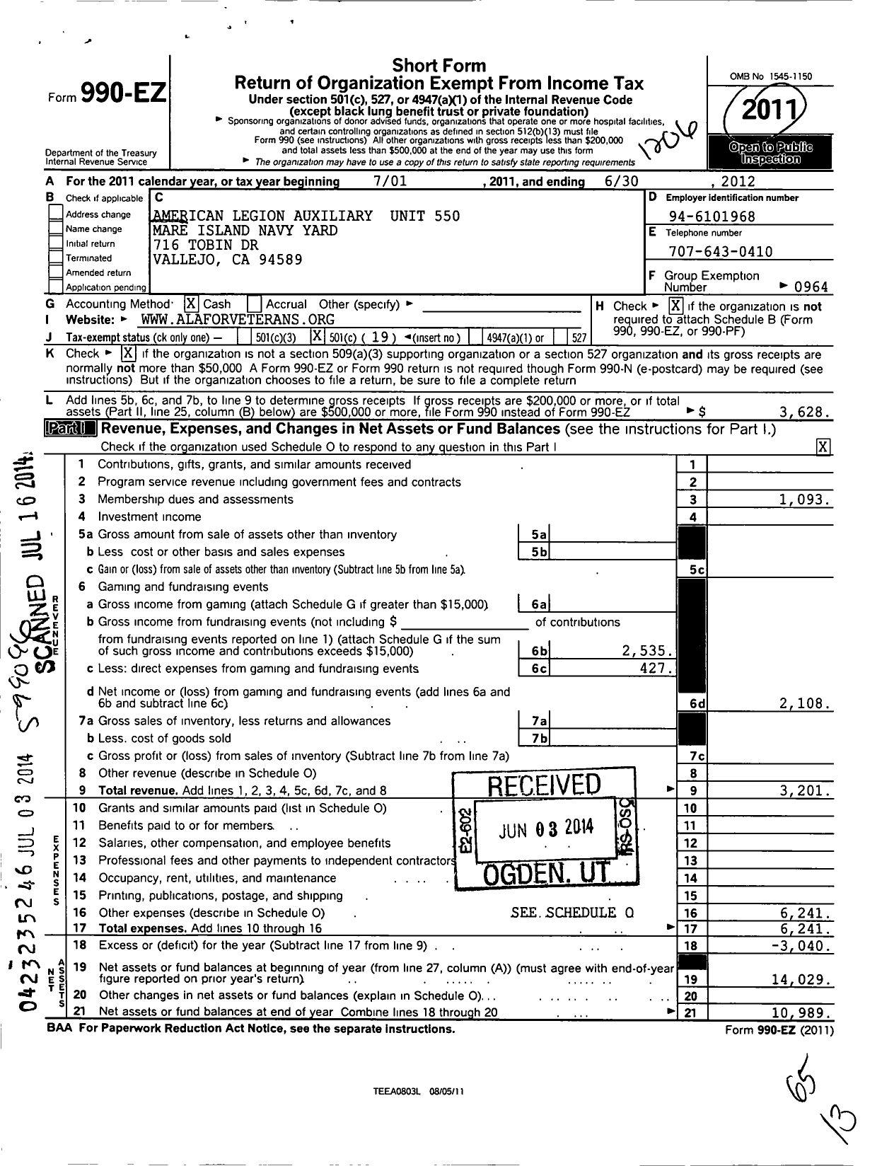 Image of first page of 2011 Form 990EO for American Legion Auxiliary - 550 Mare Island Navy Yard