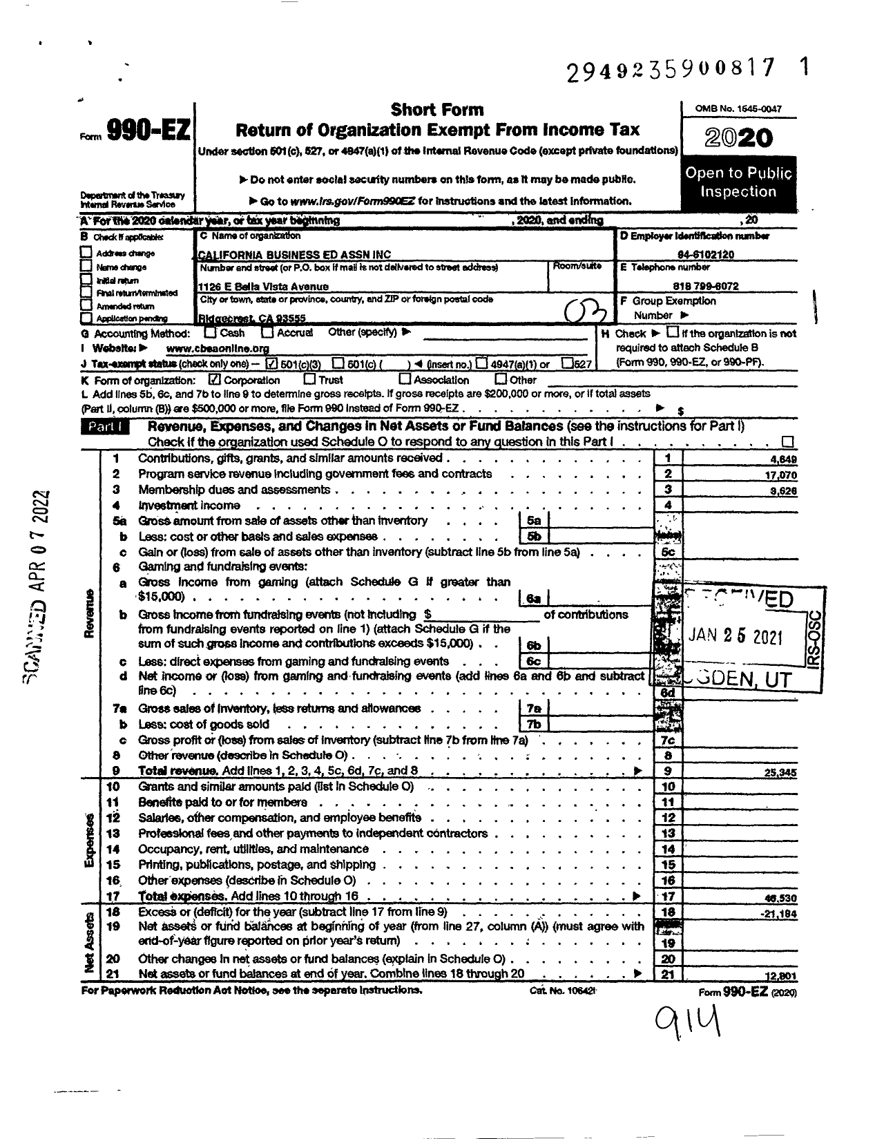 Image of first page of 2020 Form 990EZ for California Business Ed Association