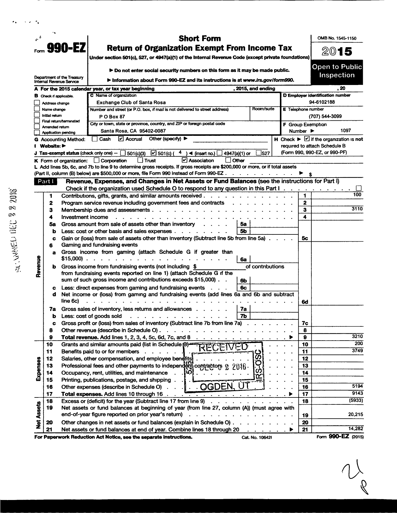 Image of first page of 2015 Form 990EO for National Exchange Club - 1199 Santa Rosa Ca