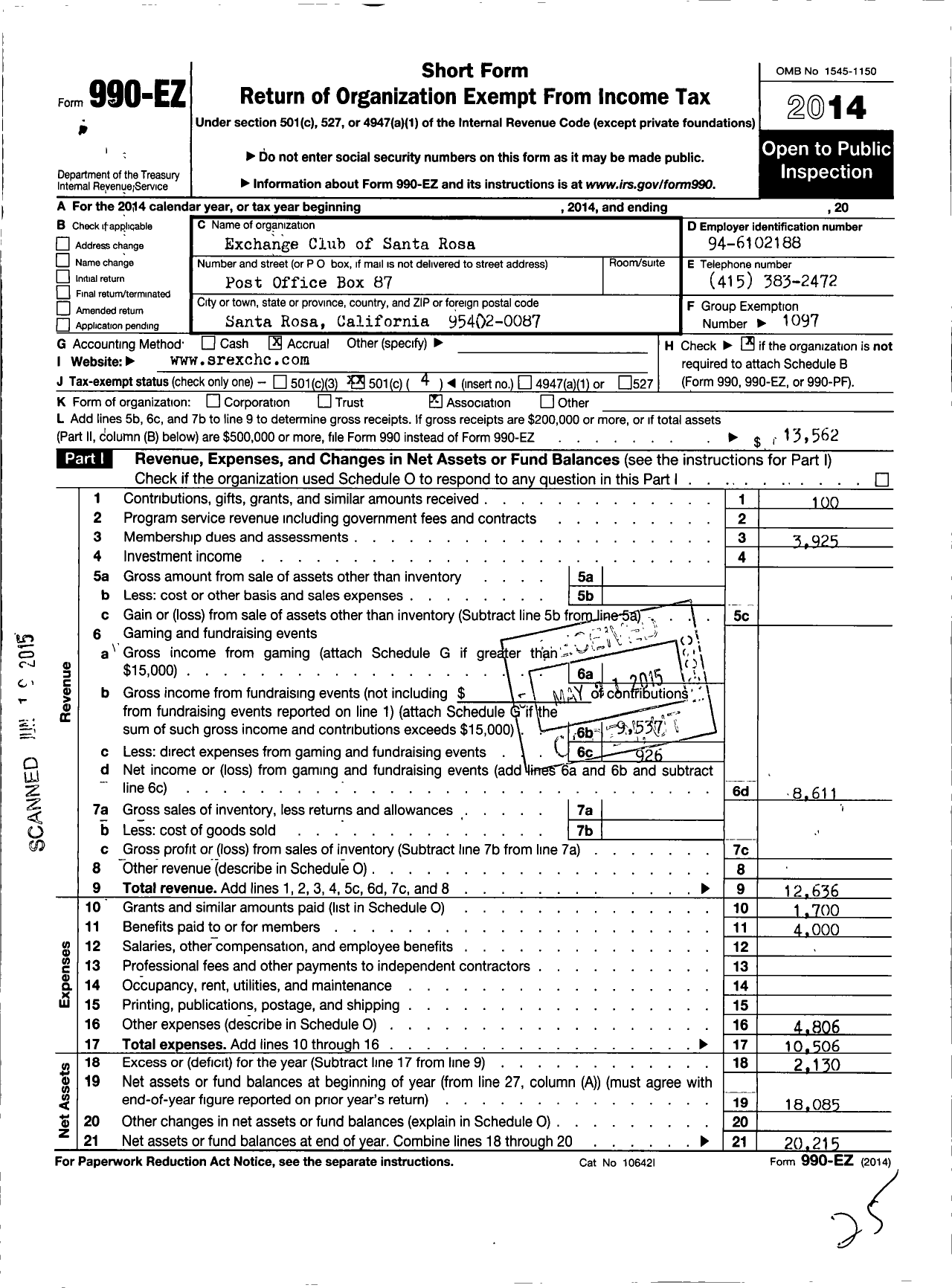 Image of first page of 2014 Form 990EO for National Exchange Club - 1199 Santa Rosa Ca