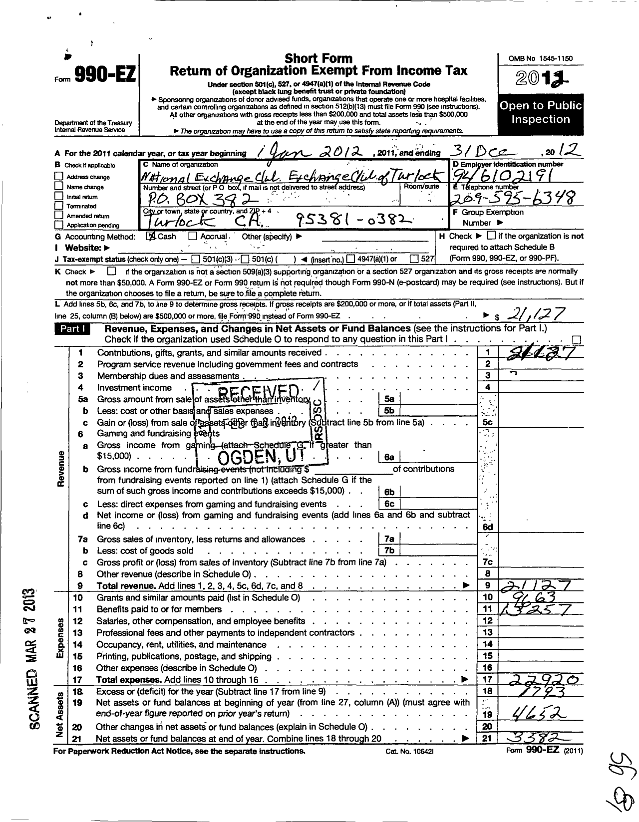 Image of first page of 2012 Form 990EO for National Exchange Club - Exchange Club of Turlock