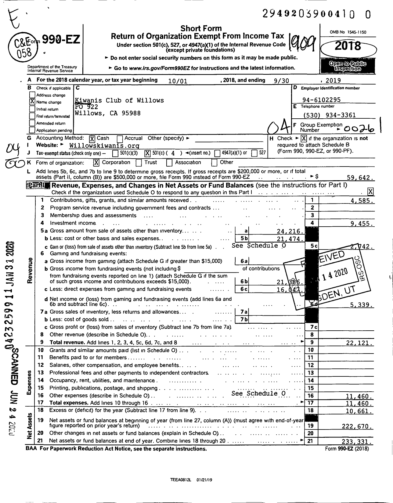 Image of first page of 2018 Form 990EO for Kiwanis International - K01209 Willows