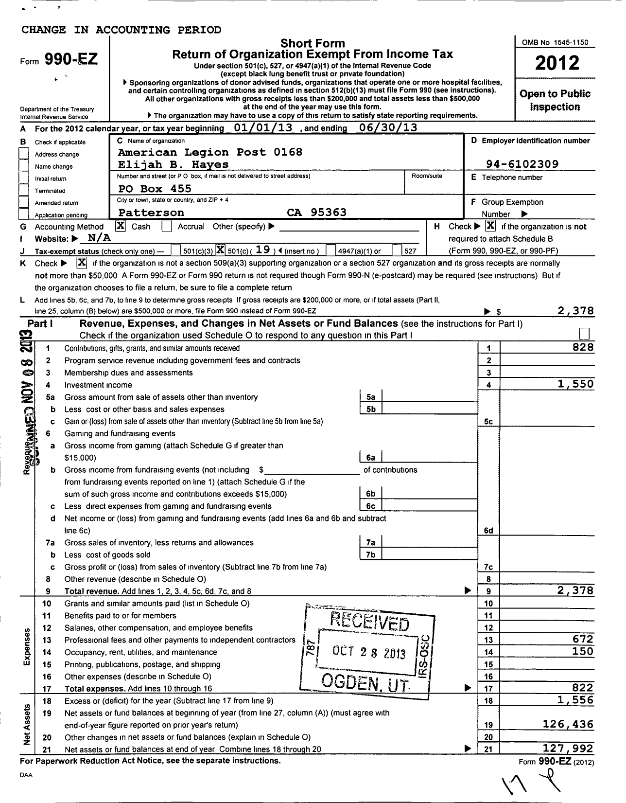 Image of first page of 2012 Form 990EO for American Legion - 168 Elijah B Hayes Ca Post