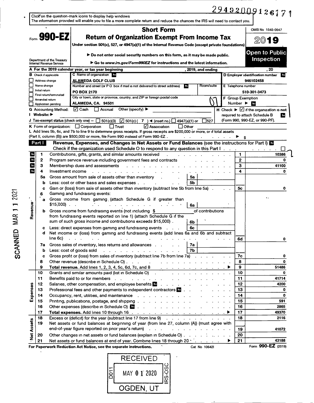 Image of first page of 2019 Form 990EO for Alameda Golf Club