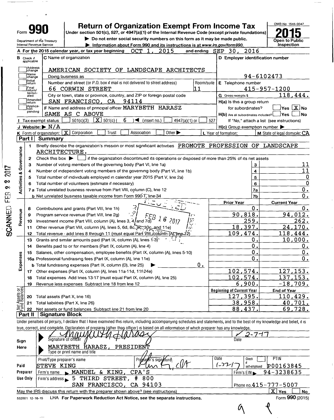 Image of first page of 2015 Form 990O for American Society of Landscape Architects Northern California Chapter