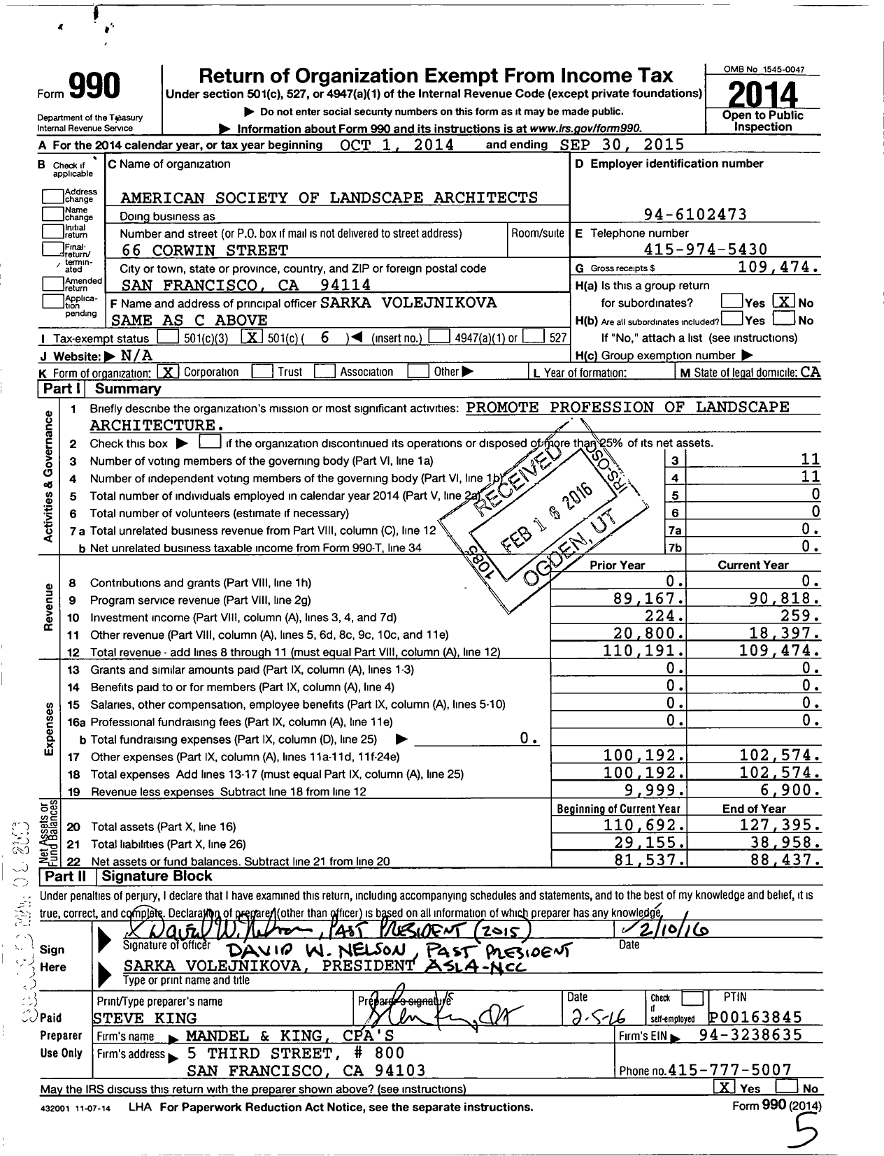 Image of first page of 2014 Form 990O for American Society of Landscape Architects Northern California Chapter