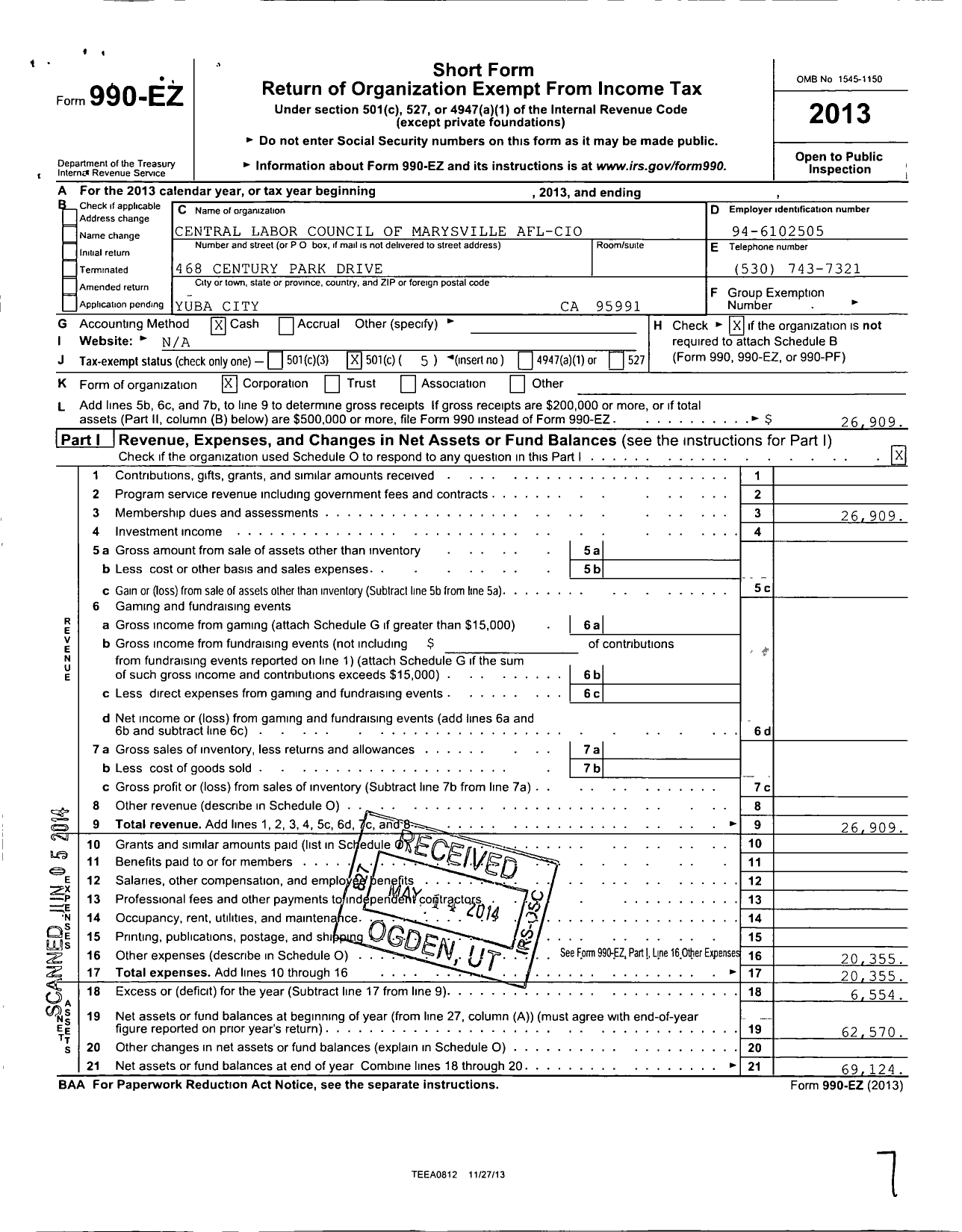 Image of first page of 2013 Form 990EO for AFL-CIO - Marysville Central Labor Council