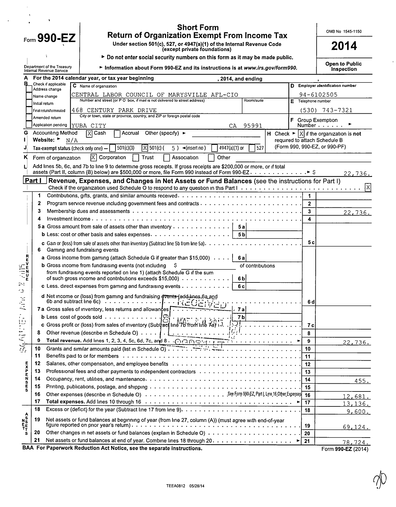 Image of first page of 2014 Form 990EO for AFL-CIO - Marysville Central Labor Council