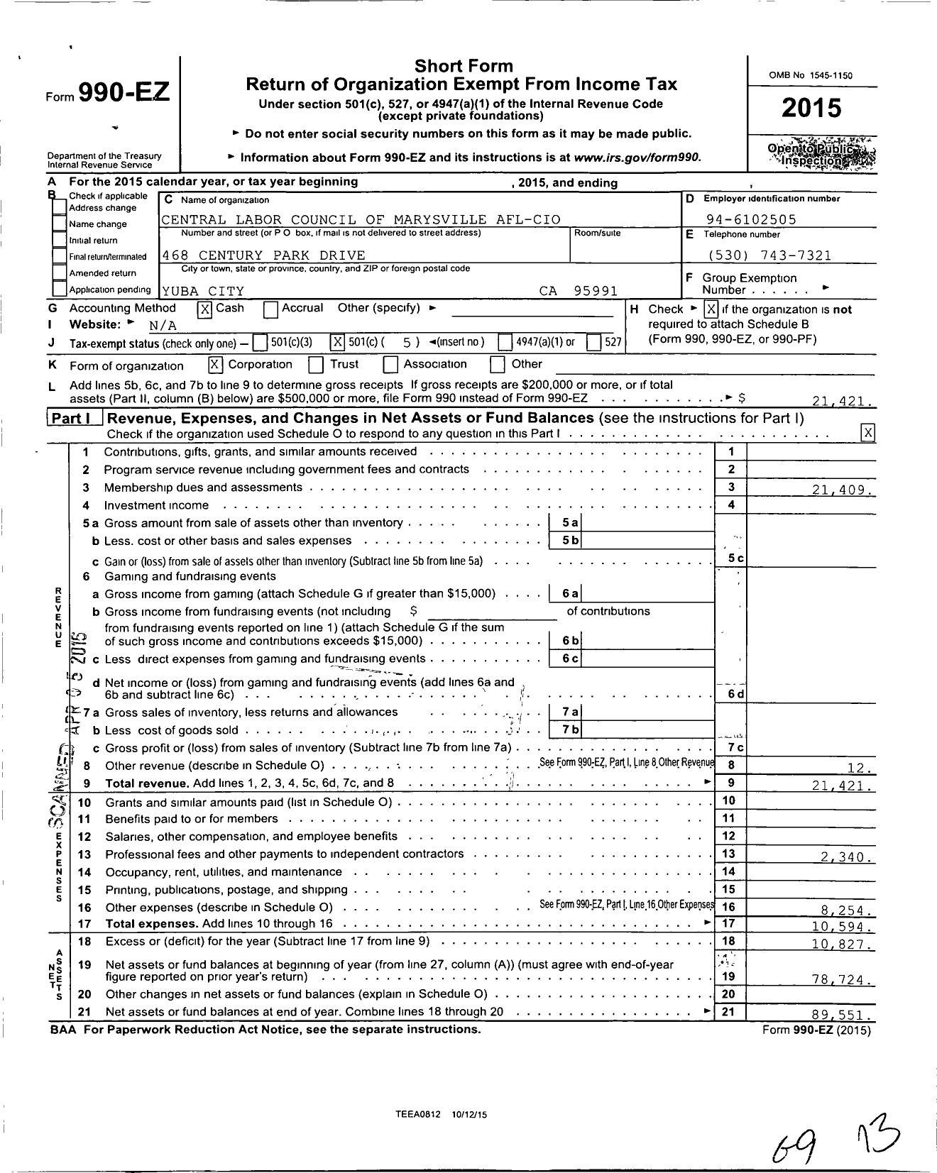 Image of first page of 2015 Form 990EO for AFL-CIO - Marysville Central Labor Council