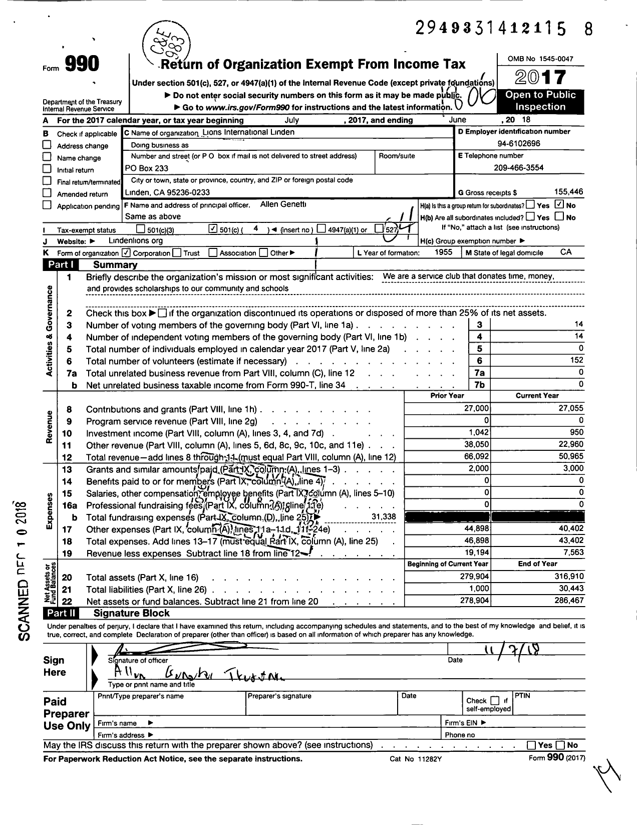 Image of first page of 2017 Form 990O for Lions Clubs - 2266 Linden