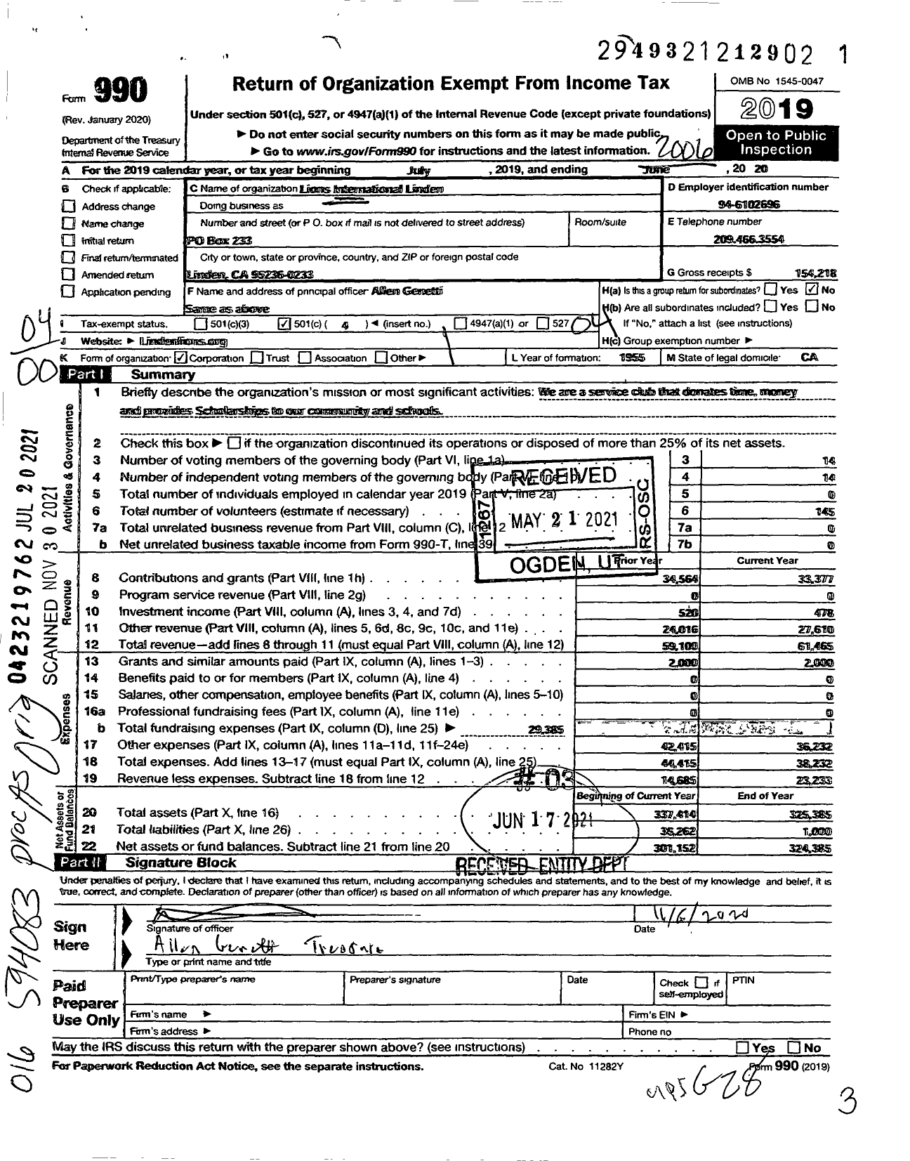 Image of first page of 2019 Form 990O for Lions Clubs - 2266 Linden