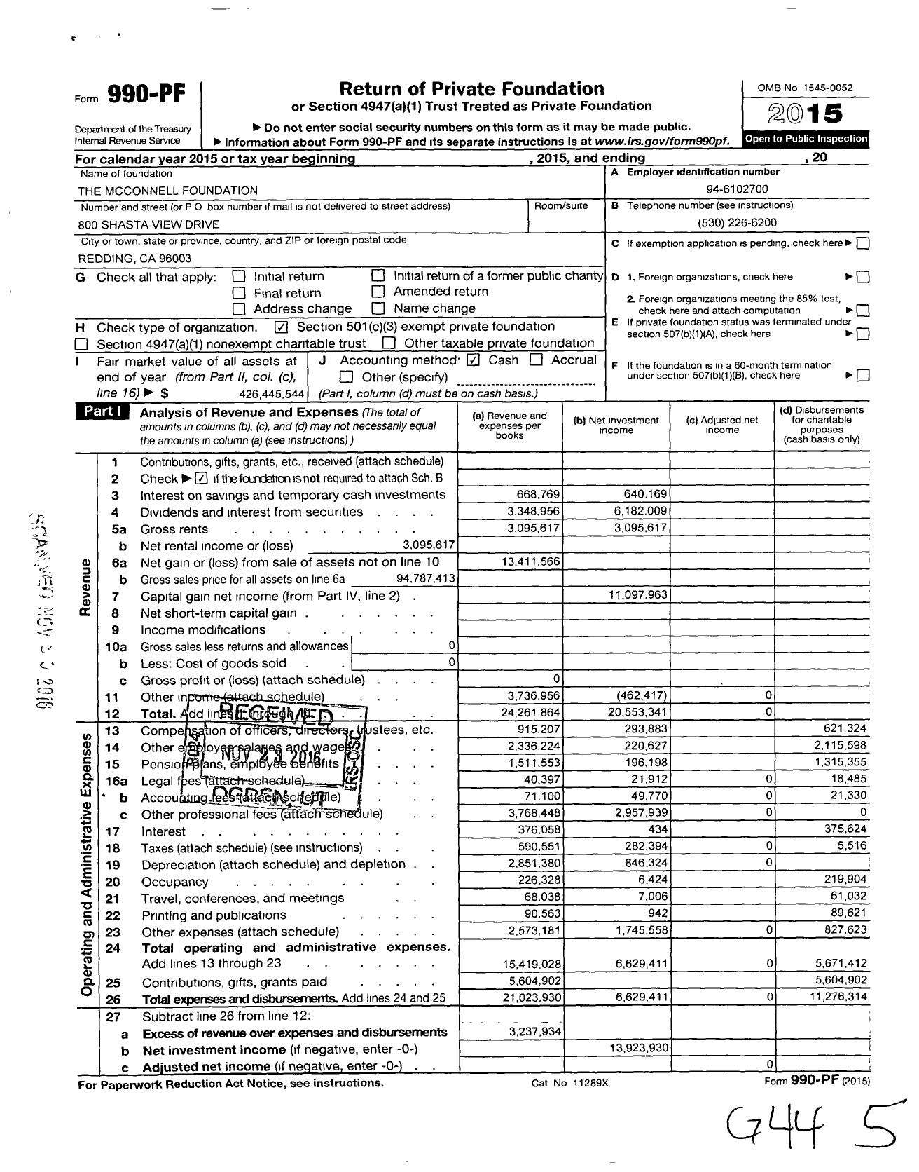 Image of first page of 2015 Form 990PF for The McConnell Foundation