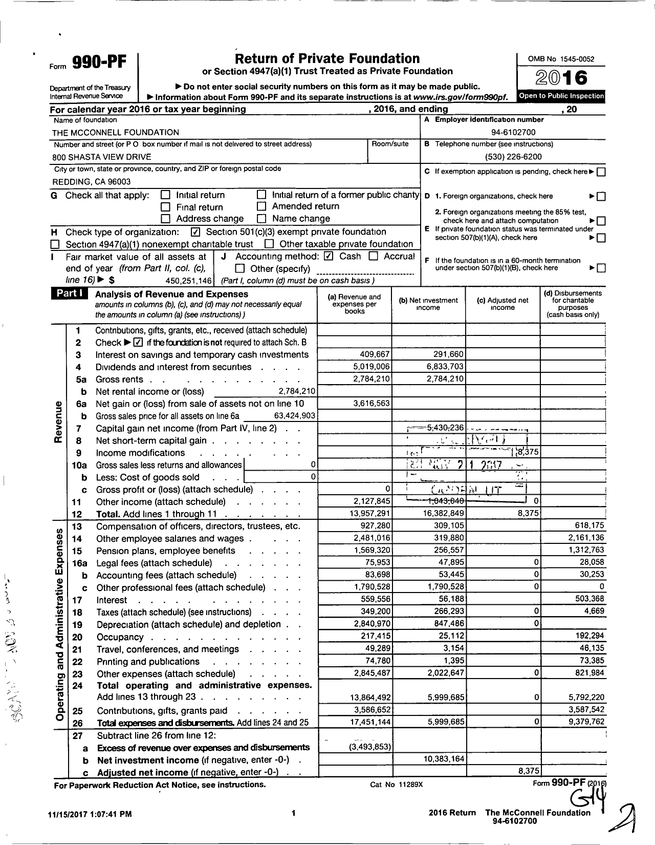 Image of first page of 2016 Form 990PF for The McConnell Foundation