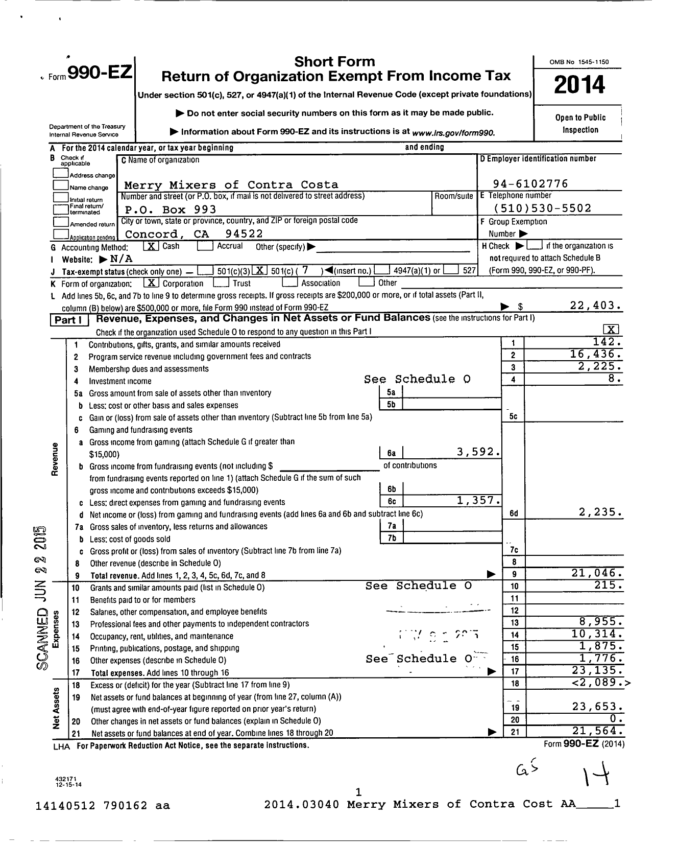 Image of first page of 2014 Form 990EO for Merry Mixers of Contra Costa