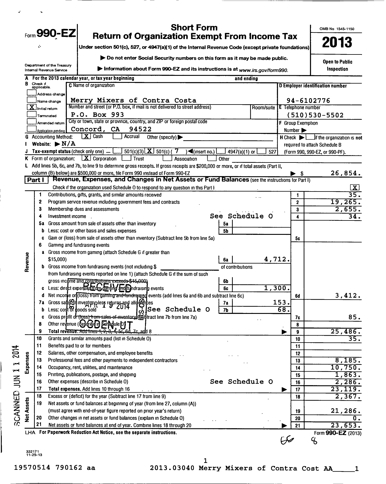 Image of first page of 2013 Form 990EO for Merry Mixers of Contra Costa