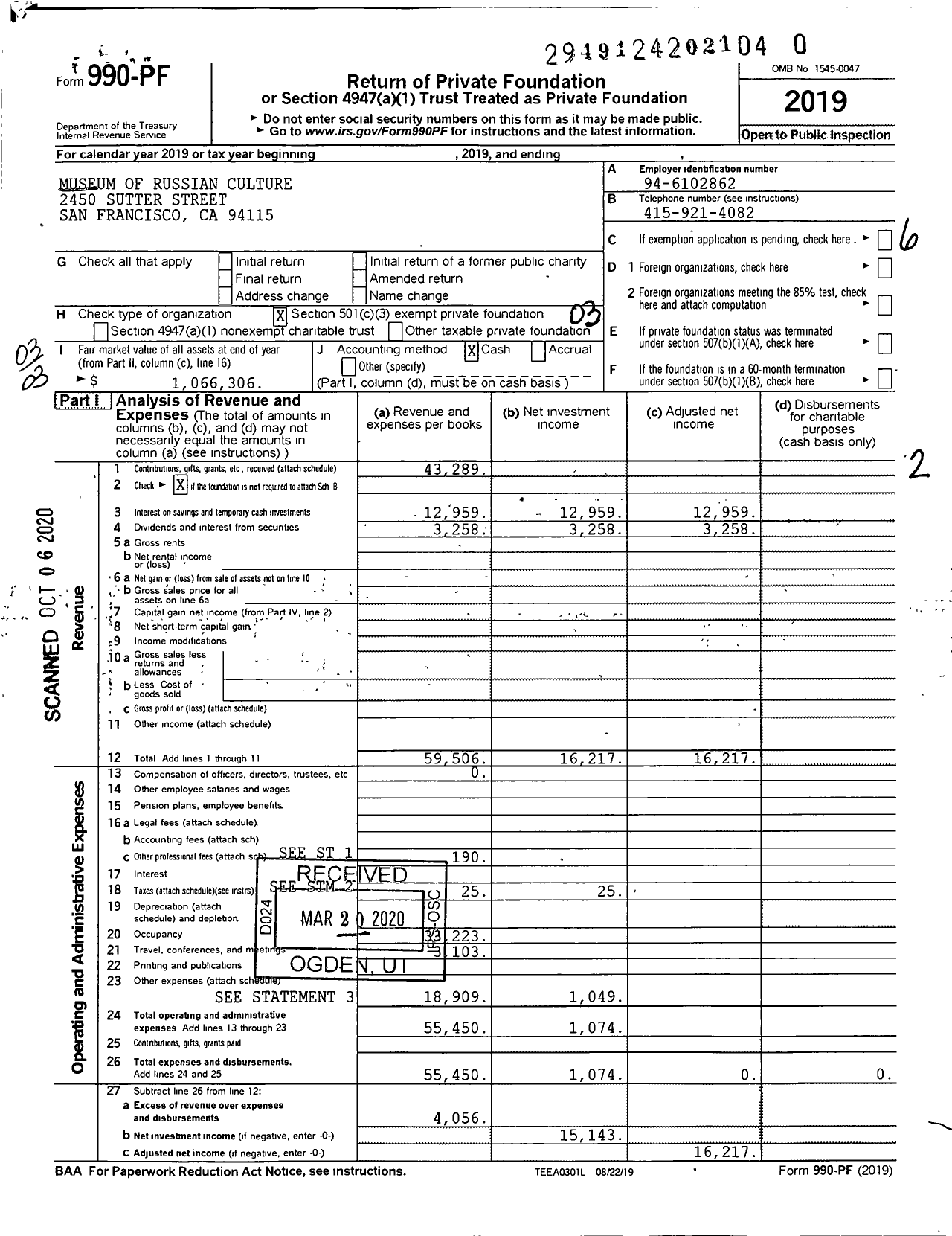 Image of first page of 2019 Form 990PR for Museum of Russian Culture