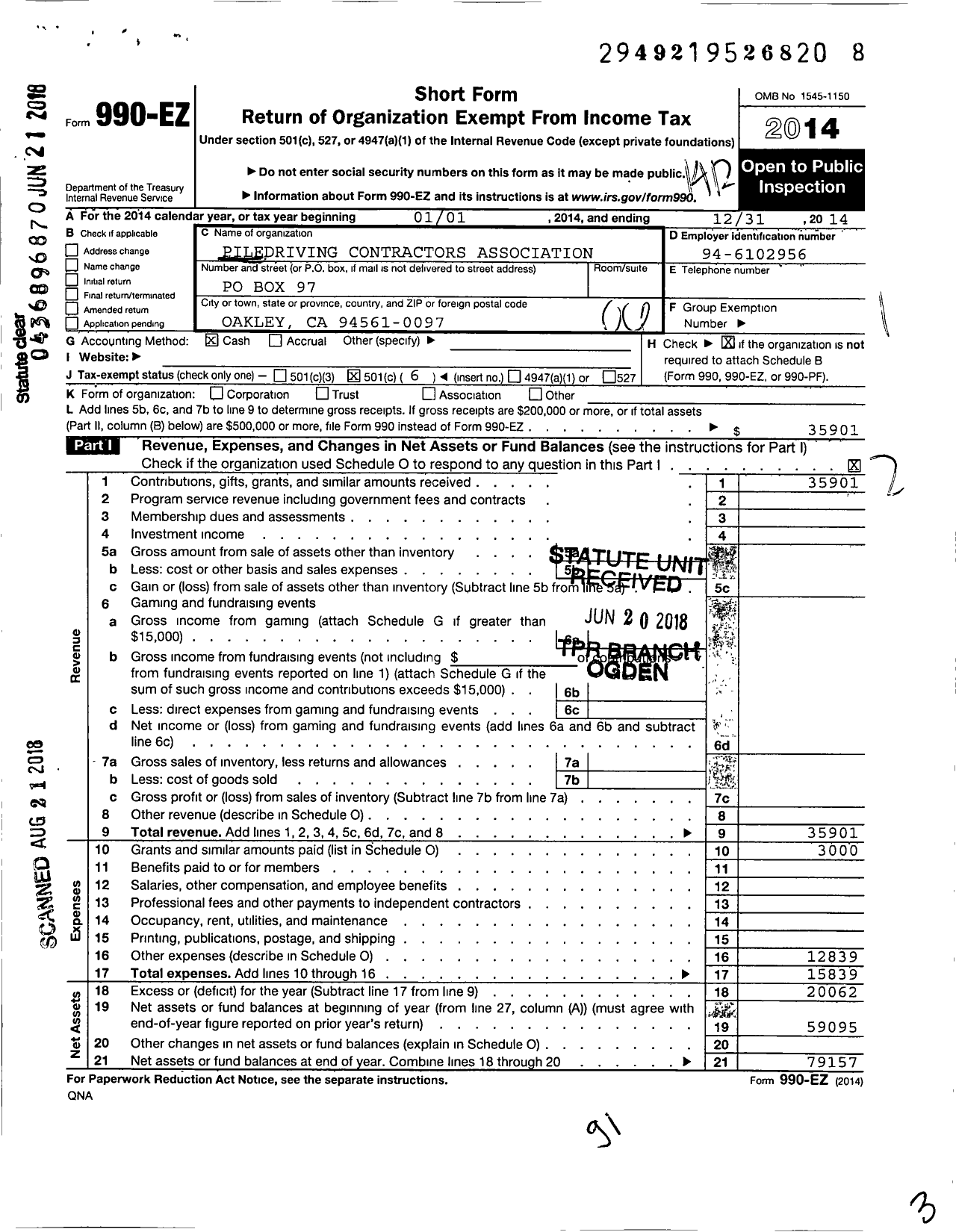 Image of first page of 2014 Form 990EO for Piledriving Contractors Association