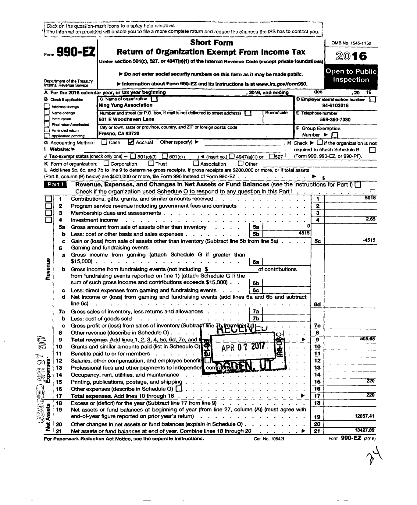 Image of first page of 2016 Form 990EO for Ning Yung Association