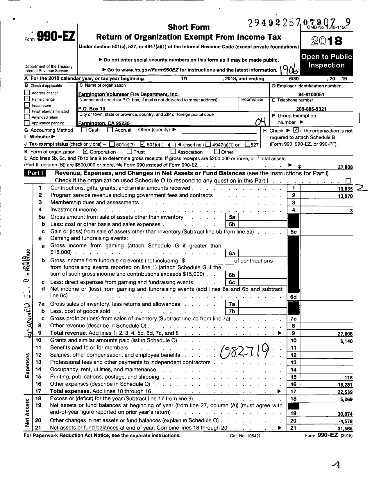 Image of first page of 2018 Form 990EO for Farmington Volunteer Fire Dept