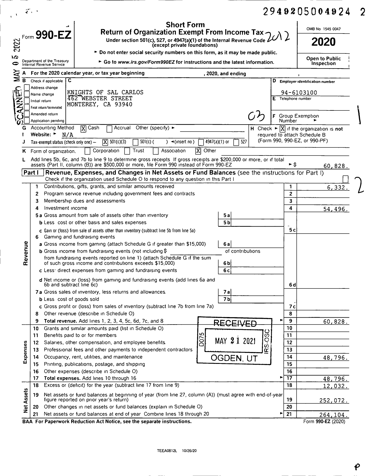 Image of first page of 2020 Form 990EZ for Knights of Sal Carlos