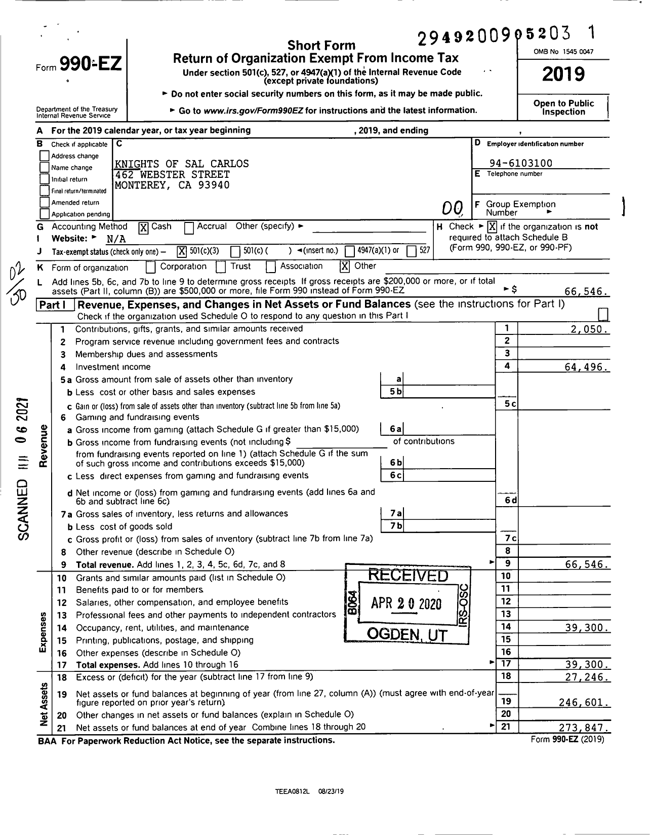 Image of first page of 2019 Form 990EO for Knights of Sal Carlos